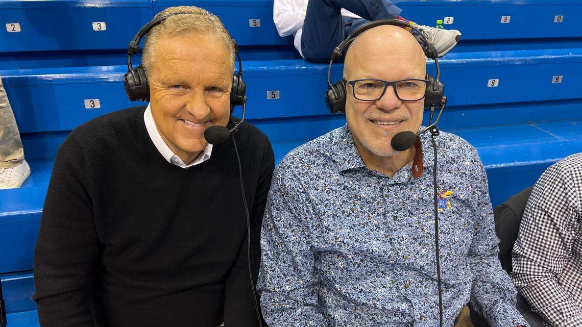 Dave Armstrong, left, and David Lawrence sit on press row prior to Monday’s Kansas-Texas Southern men’s basketball game. Armstrong has decided to retire after working KU games for 38 years.