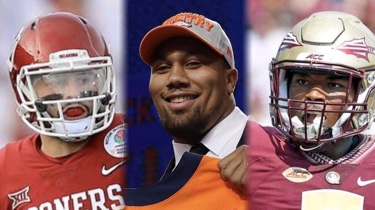Oklahoma quarterback Baker Mayfield, left, was the first overall pick in the 2018 NFL Draft, going to Cleveland. The Denver Broncos picked pass rusher Bradley Chubb, and the Chargers opted for Florida State defensive back Derwin James.
