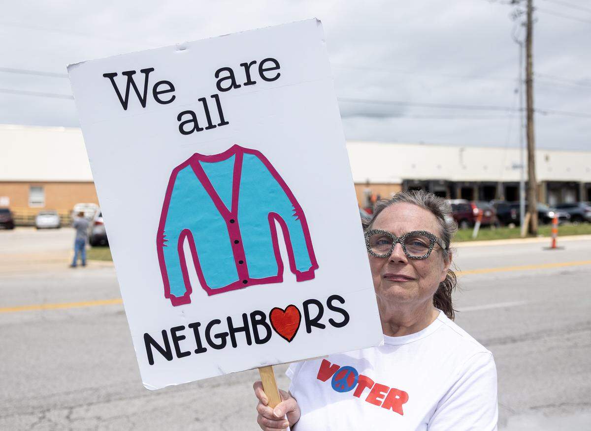 Jenny Brendel was among a small group of protesters who gathered near Milbank Manufacturing, the site of Vice President JD Vance’s visit to Kansas City, on Monday, May 18.