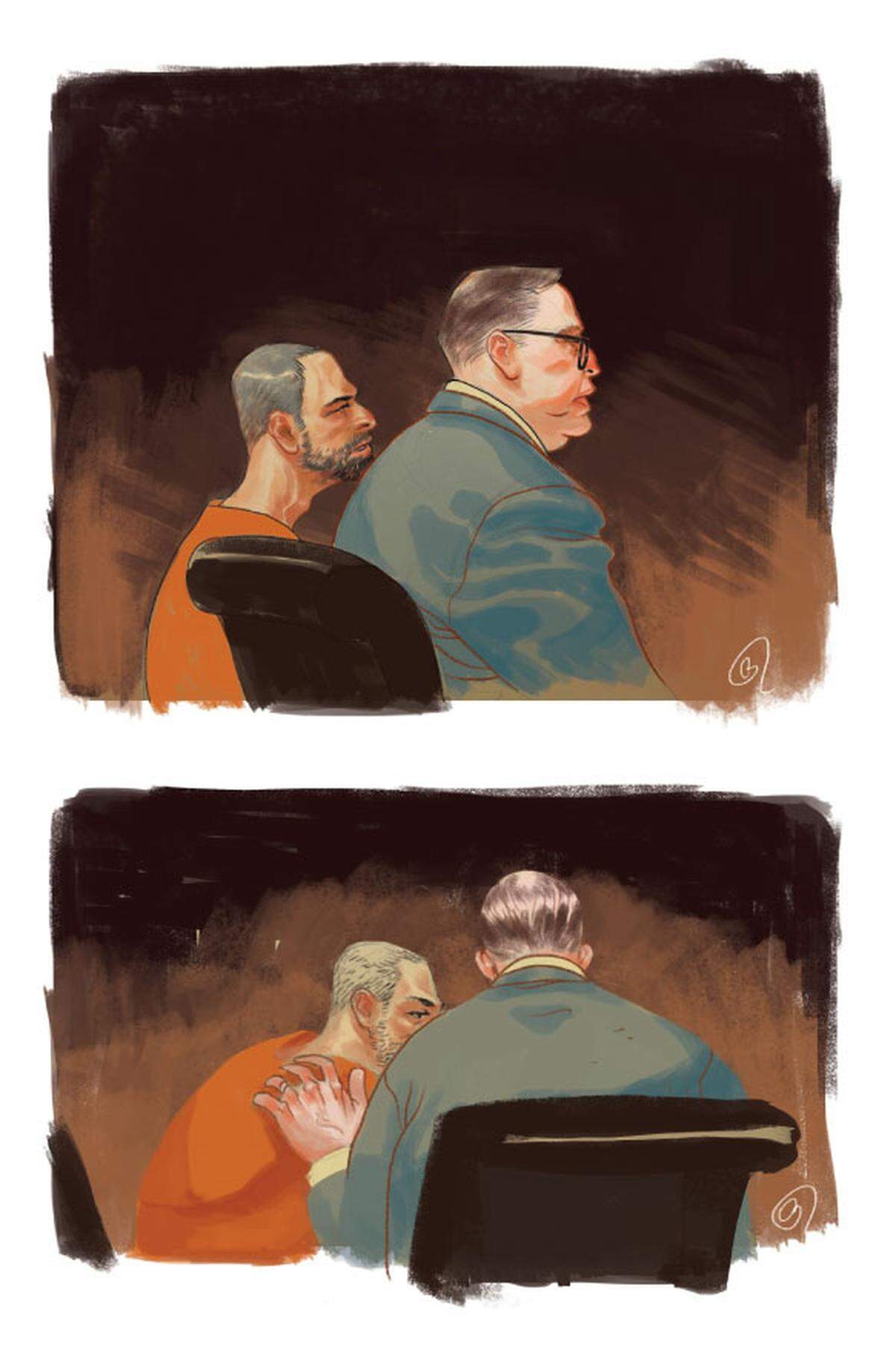 A artist’s rendering depicts Robert J. Gross, left, during a hearing in federal court in September 2018. His attorney, John P. O’Connor, is seated to his right.