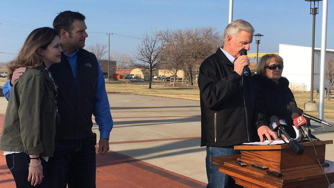 Kris Kobach (second from left) on Wednesday named Wink Hartman as his running mate.