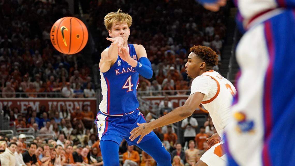 Kansas Jayhawks guard Gradey Dick (4) passes the ball during the second half against the Texas Longhorns at Moody Center on March 4, 2023.