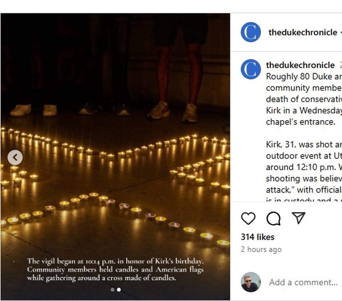 Votive candles set in the shape of a cross at a vigil held at Duke University in North Carolina following the Sept. 10 killing of conservative activist Charlie Kirk, 31, on the campus of Utah Valley University.
