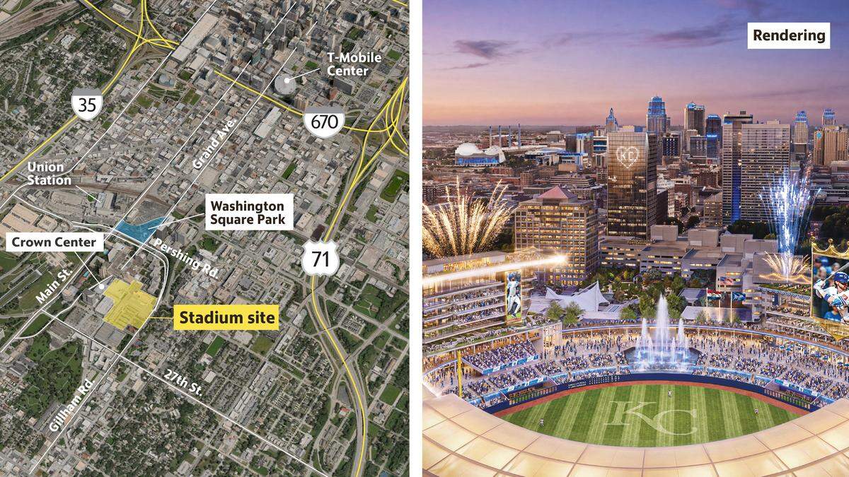 Early concept rendering showing a potential Royals stadium replacing Hallmark’s corporate building near Pershing and Gillham roads, along with nearby Hallmark-owned structures west toward Grand Boulevard.