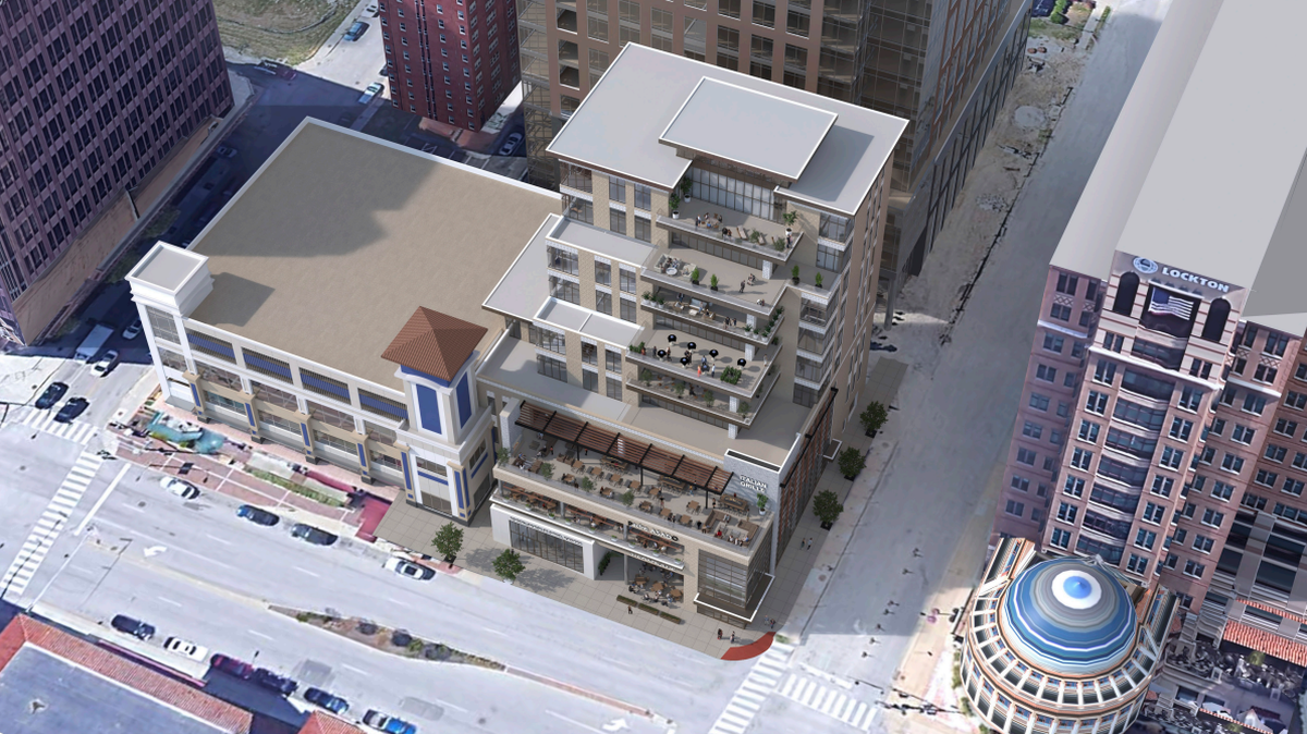 This rendering shows a bird’s-eye view of Drake Development’s cocina47 project, a nine-story restaurant and residential development.