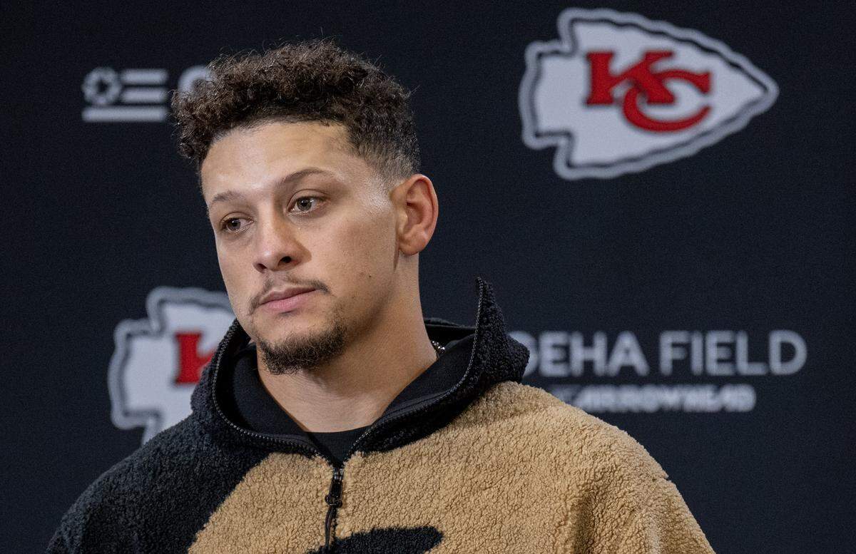 Chiefs quarterback Patrick Mahomes talks to the media after losing 20-10 to the Houston Texans on Sunday, Dec. 7, 2025, at GEHA Field at Arrowhead Stadium in Kansas City.
