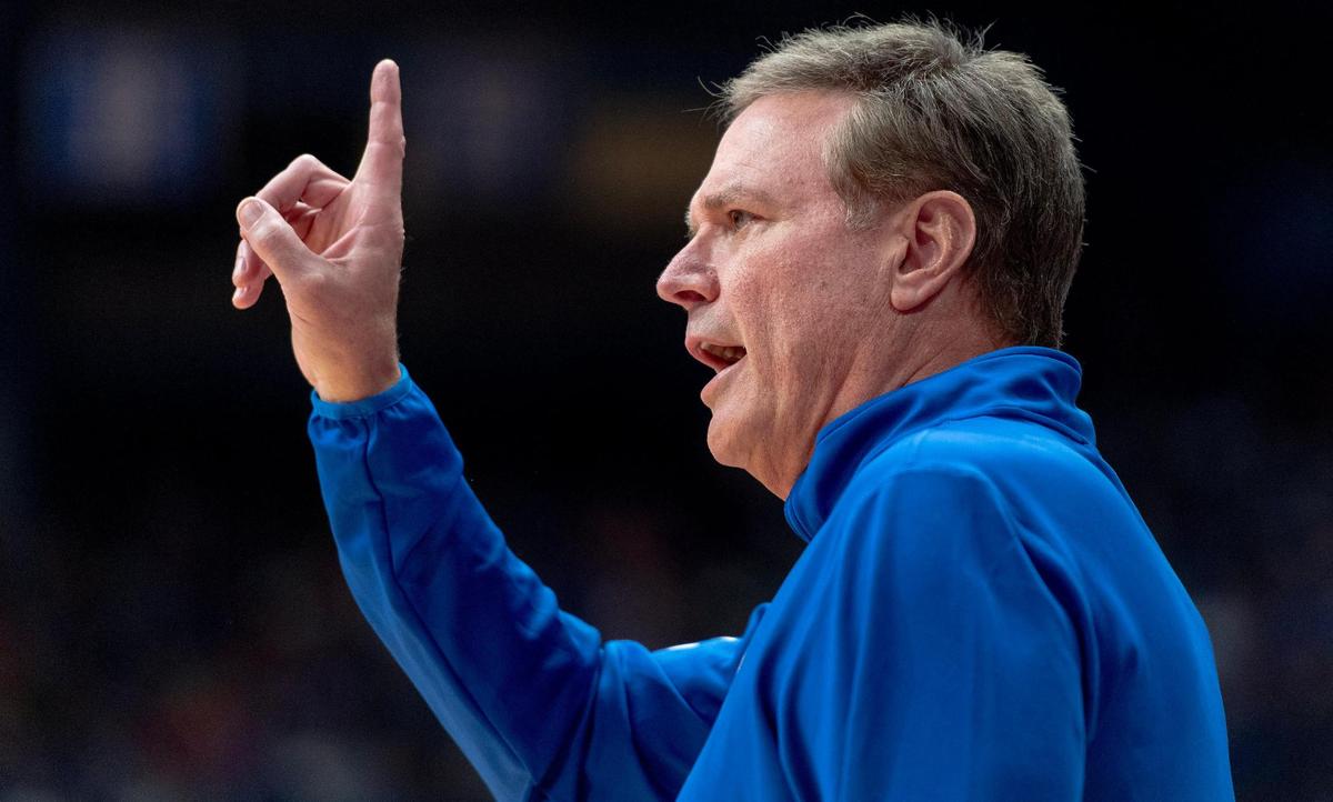 Kansas Jayhawks head coach Bill Self calls a play during an NCAA college basketball game against the Eastern Illinois Panthers on Tuesday, Nov. 28, 2023, in Lawrence, Kan.