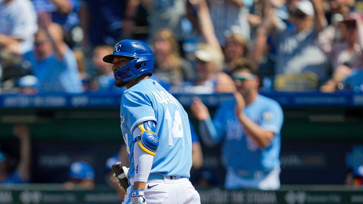 KC’s Edward Olivares watches his home run crash into a video board 452 feet away in deep left during Saturday’s game against the Washington Nationals at Kauffman Stadium.