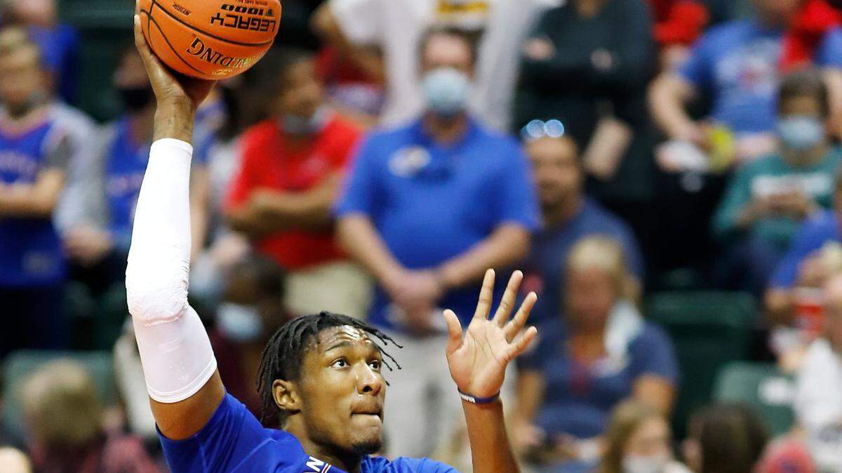 Kansas forward David McCormack warms up before a NCAA college basketball game against North Texas, Thursday, Nov. 25, 2021, in Orlando, Fla. (AP Photo/Jacob M. Langston)