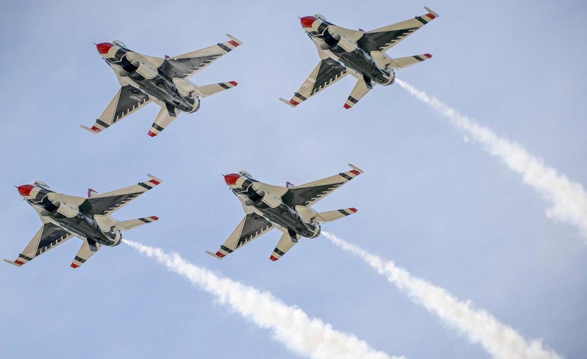 The U.S. Air Force Thunderbirds arrive from Las Vegas at the New Century AirCenter on Thursday, Sept. 1, 2022, in Gardner, Kansas, for the Garmin KC Air Show, which runs Saturday and Sunday.