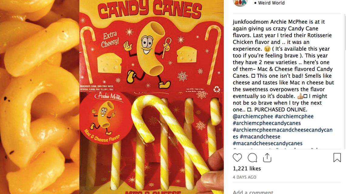 Seattle novelty company Archie McPhee is grossing people out with one of its new holiday offerings - mac and cheese candy canes. “Last year I tried their Rotisserie Chicken flavor and .. it was an experience,” writes Junk Food Mom blogger.