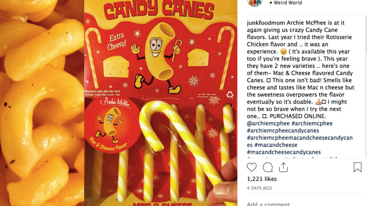 Seattle novelty company Archie McPhee is grossing people out with one of its new holiday offerings - mac and cheese candy canes. “Last year I tried their Rotisserie Chicken flavor and .. it was an experience,” writes Junk Food Mom blogger.