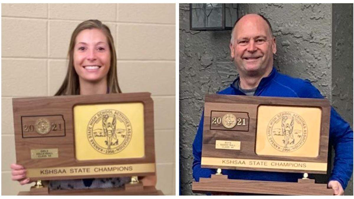 Hoops coach dad (Rick Zych, right) has a family member in the Stags coaching community now, in daughter Lindsay Zych, left, who was recently hired as Miege’s head volleyball coach after a successful run at Lansing High.