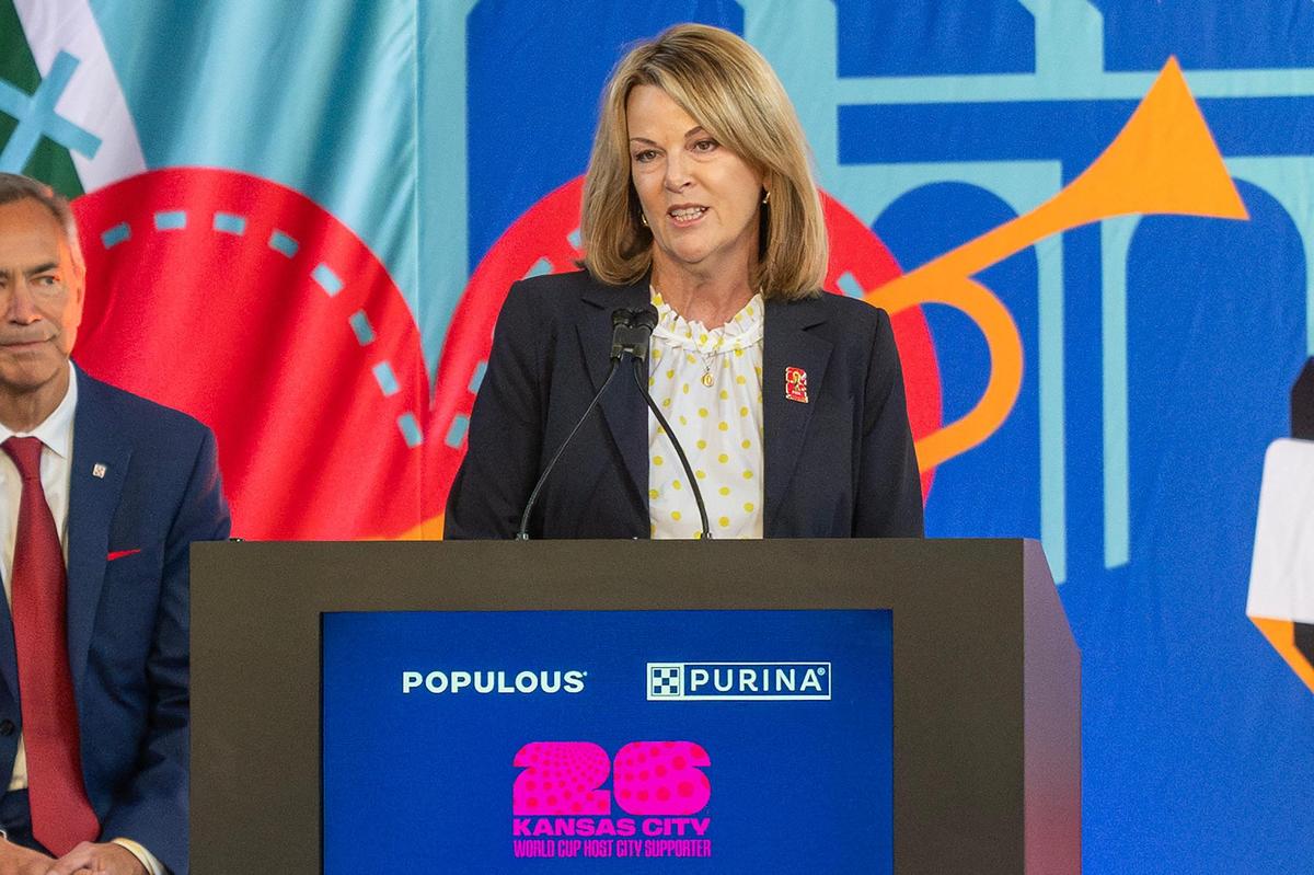 Pam Kramer, CEO of KC2026, speaks during the One Year To Go press conference for the FIFA World Cup at Union Station on Wednesday, June 11, 2025, in Kansas City.