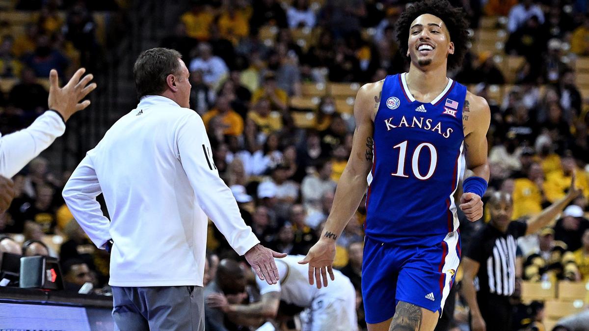 With the game well in hand, KU’s Jalen Wilson exits the game and gets a love five from Kansas coach Bill Self.