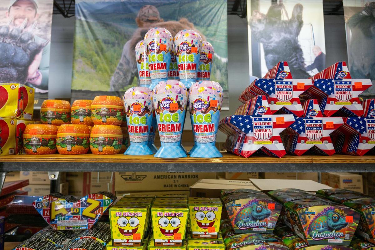 Burgers, ice cream, and SpongeBob Squarepants figures as fireworks at Mike’s Fireworks on the day before Independence Day in Riverside on Thursday, July 3, 2025. Mike’s Fireworks is a designated landmark fireworks shop.