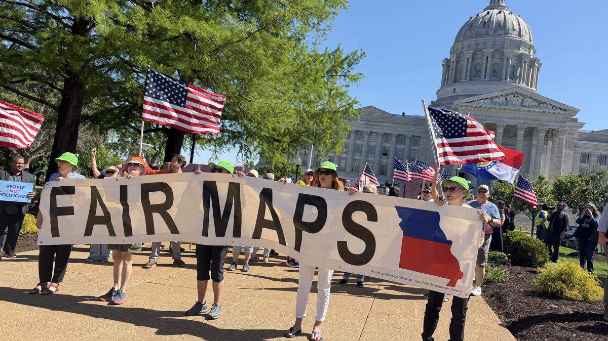 A crowd gathers outside the Missouri Supreme Court after legal arguments on May 12, 2026, in a trio of cases that could decide whether Missouri’s gerrymandered congressional map, which slices through Kansas City, can be used in the 2026 midterm election.