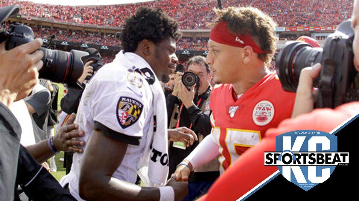 Kansas City Chiefs quarterback Patrick Mahomes, right, and Baltimore Ravens quarterback Lamar Jackson (8) greet each other after their NFL football game Sunday, Sept. 22, 2019, in Kansas City, Mo. (AP Photo/Charlie Riedel)