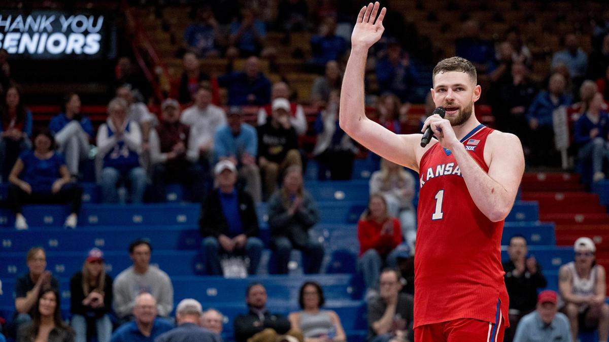 Kansas Jayhawks center Hunter Dickinson (1) speaks during senior night ceremonies after the Jayhawks defeated the Kansas State Wildcats 90-68 in an NCAA college basketball game on Tuesday, March 5, 2024, in Lawrence.