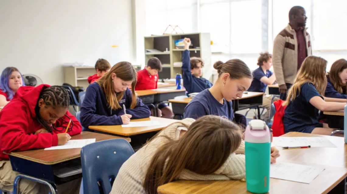 Middle school students attend math class, taught in French, on Feb. 24 at Kansas City charter school Academie Lafayette. A KCPS bond plan calls for sharing some funds with local charter schools, which would use the money for deferred maintenance and other building improvements.