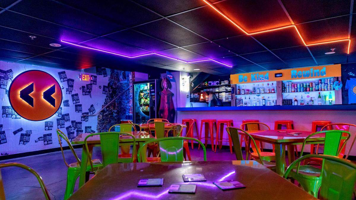 Dazzling colors greet bar patrons at Rewind Video and Retro Dive, a new space located in the basement of Screenland Armour, 408 Armour Rd., in North Kansas City.
