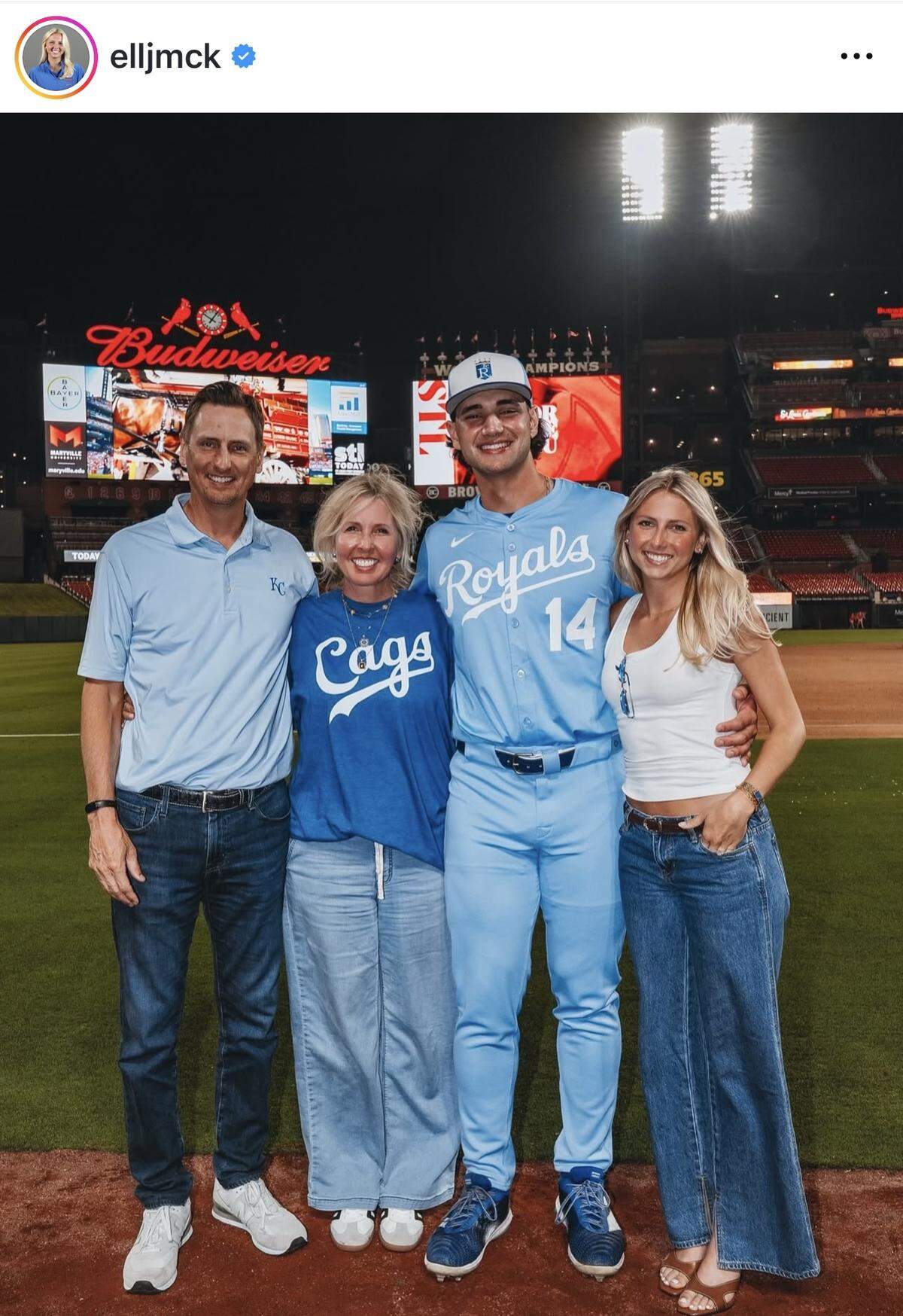 Kelli McKissock, far right, who is engaged to new Royals player Jac Caglianone, was in St. Louis with her parents, Matthew and Kelli McKissock (far left) when he debuted in St. Louis.