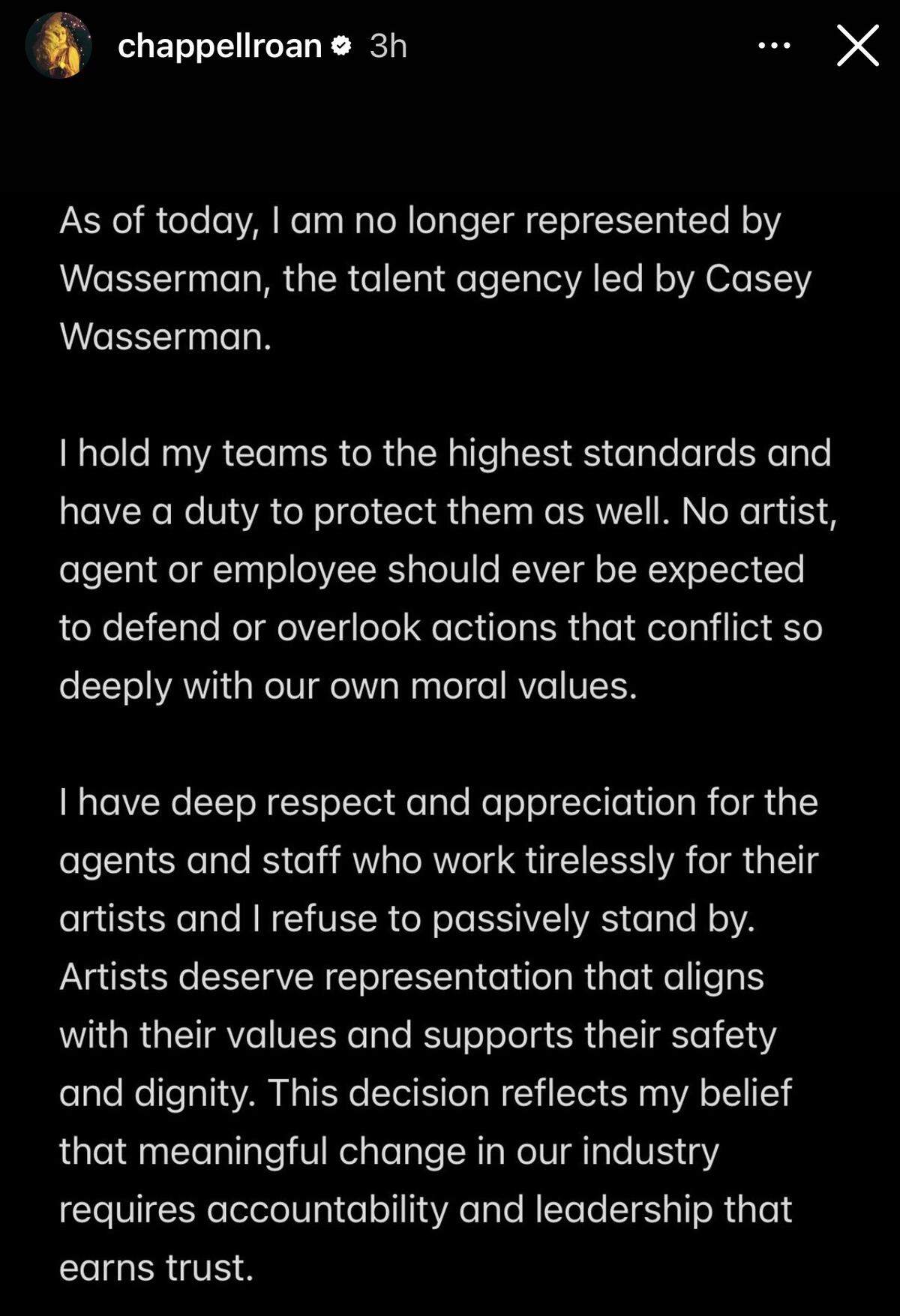 Roan posted this statement Monday night in an Instagram Story.