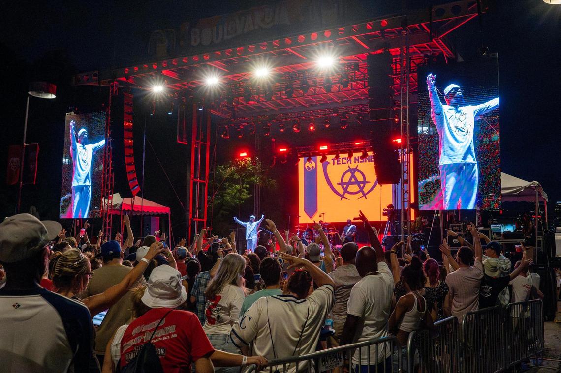 Rapper Tech N9ne performs on the Main Stage during Boulevardia on Saturday, June 14, 2025, in Kansas City.