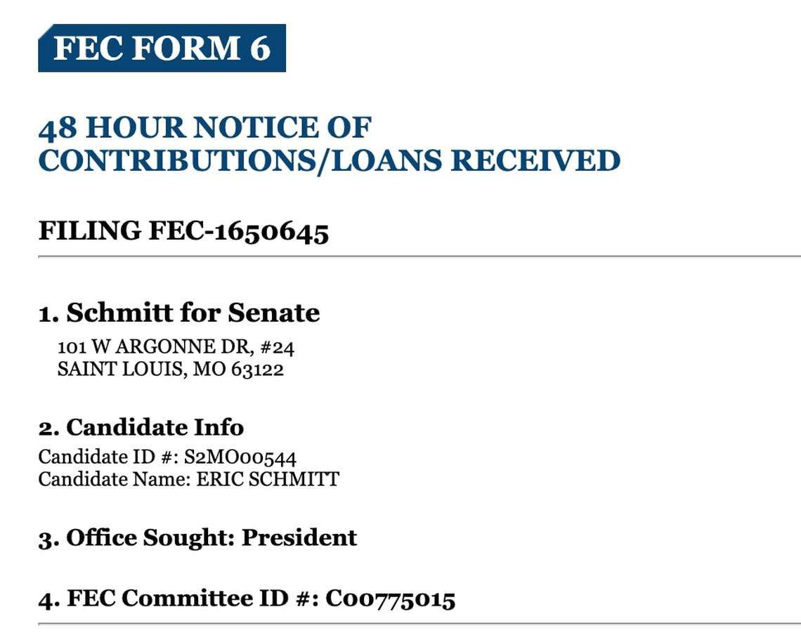 A screenshot of one of Missouri Attorney General’s campaign filings on the Federal Election Commission’s website. It says “President” under “Office Sought.”