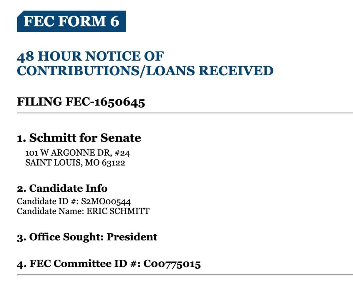 A screenshot of one of Missouri Attorney General’s campaign filings on the Federal Election Commission’s website. It says “President” under “Office Sought.”