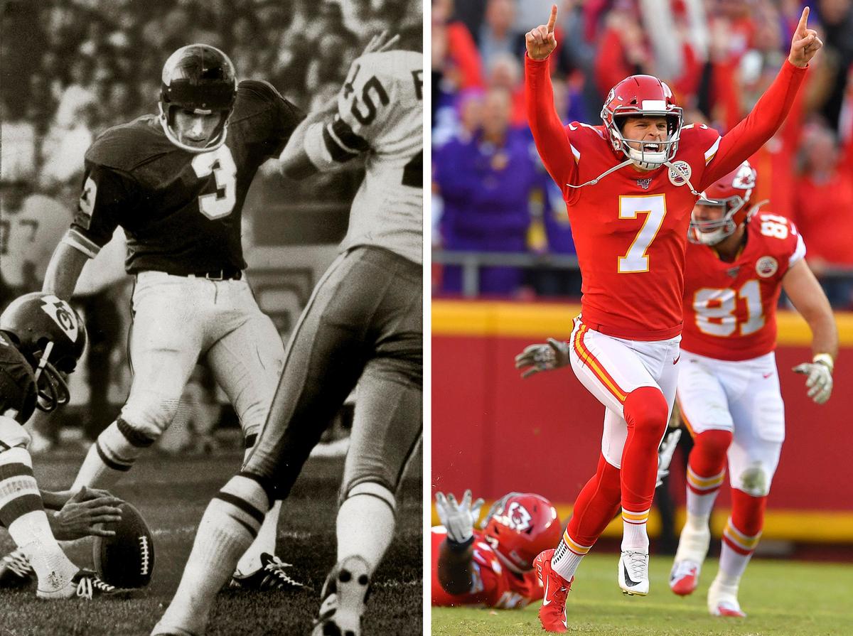 Kansas City Chiefs kickers Jan Stenerud, left, and Harrison Butker. (Stenerud photo by The Associated Press, Butlker photo by Rich Sugg/The Kansas City Star)