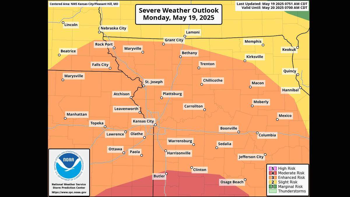 The National Weather Service’s Storm Prediction Center expanded the areas at moderate risk of severe weather to include southeastern Kansas and southwest Missouri, including Fort Scott, Kansas, and Butler, Missouri. The moderate risk is the fourth level on the Storm Prediction Center’s five-point scale. The Kansas City metro and surrounding areas remain under an enhanced risk of severe weather, the third level on its five-point scale.