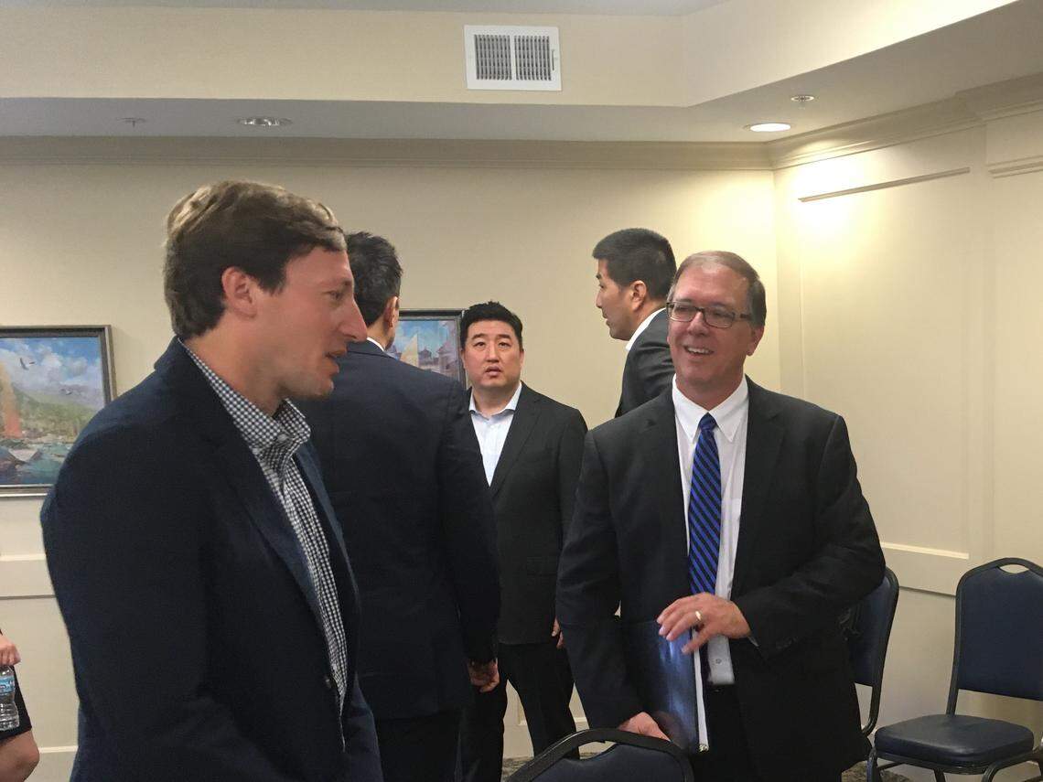 Lyndall Fraker, right, the director of Missouri’s medical marijuana program, talks to Cassidy McCrite, director of McCrite Plaza at Briarcliff, after Fraker gave a presentation to residents of the assisted living community.