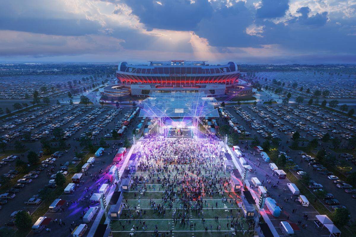A designer’s rendering shows a view of the central activation zone at GEHA Field at Arrowhead Stadium.