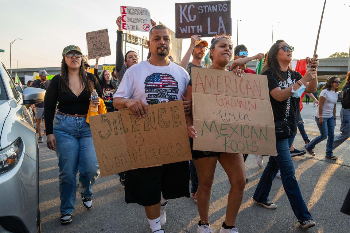 Several hundred people march down Southwest Boulevard during a Shut Down ICE protest on Kansas City’s Westside and downtown areas on Tuesday, June 10, 2025. People held signs and flags and chanted in support of immigrants and against the Trump administration’s immigration policies.