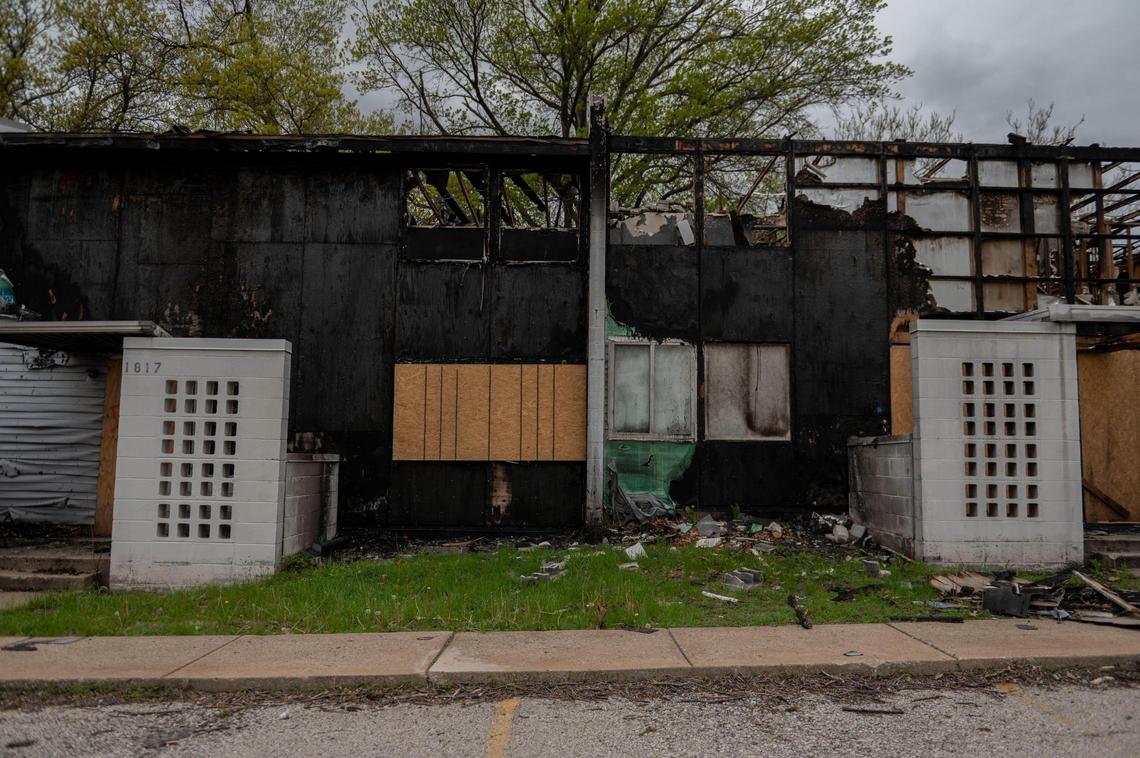 Damaged burned houses at Parade Park Homes in Kansas City on Tuesday, April 30, 2022.