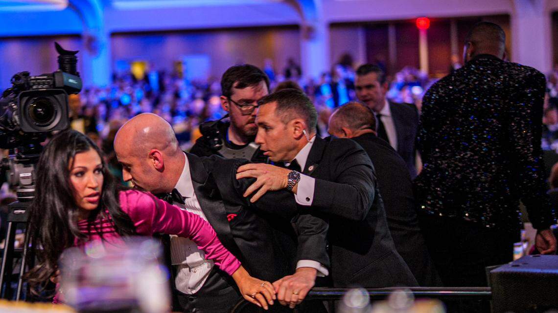 White House Deputy Chief of Staff for Policy Stephen Miller and his wife Katie Miller are evacuated from the annual White House Correspondents Association Dinner.