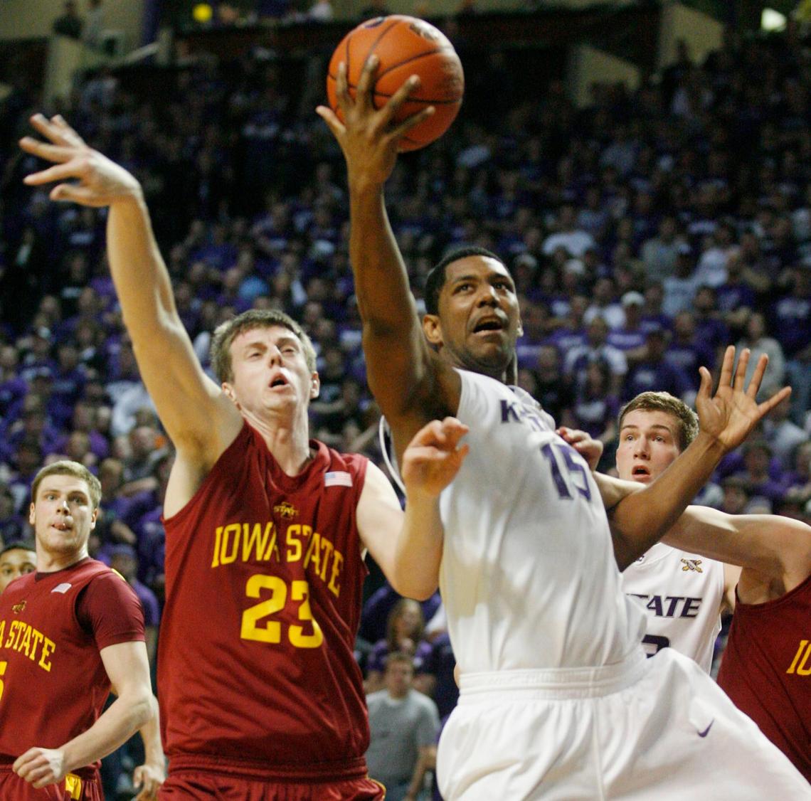 K-State's Luis Colon shoots over Iowa State's Jamie Vanderbeken in the first half of a Feb. 3, 2009, game in Manhattan.