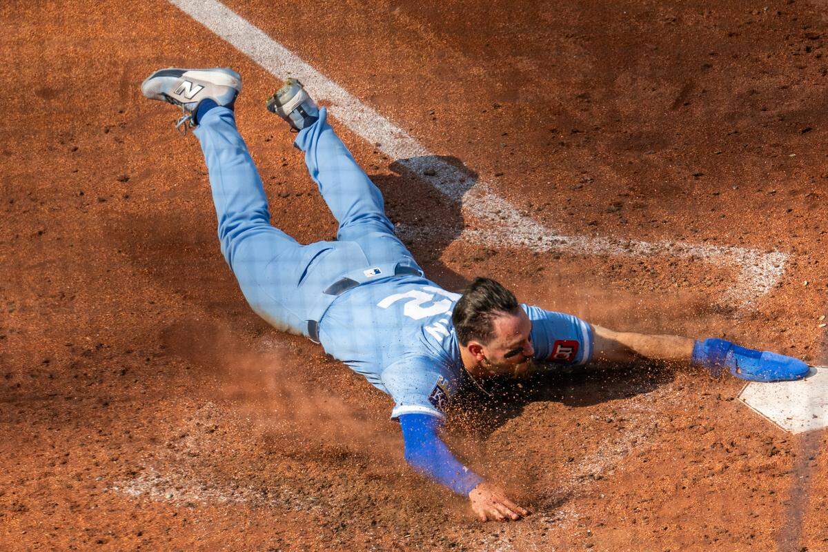 Royals second baseman Nick Loftin slides head first into home plate for the go-ahead run in the Royals game vs. the Detroit Tigers on Saturday, May 31, 2025. The Royals’ season ended with a 80-82 record. The team failed to make the postseason. 