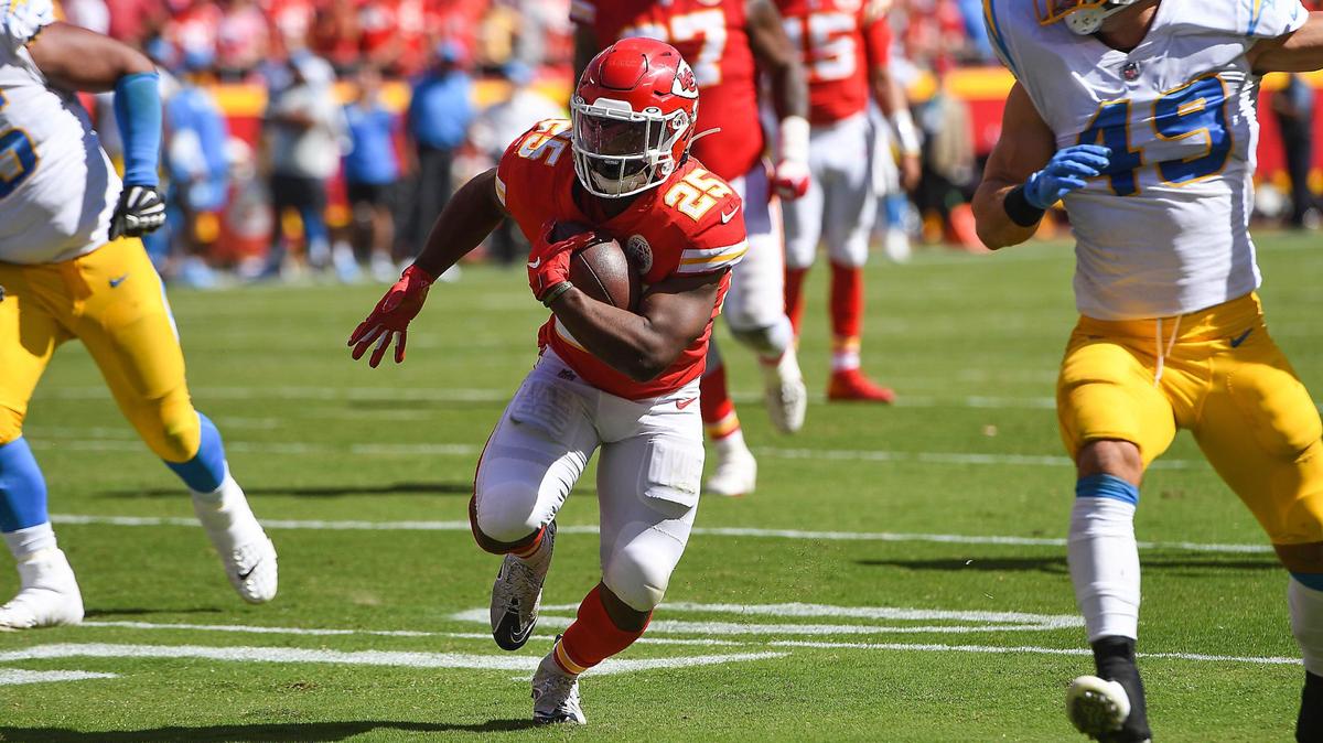 Kansas City Chiefs running back Clyde Edwards-Helaire runs in for a touchdown against the Los Angeles Chargers in the third quarter Sunday, September 26, 2021, at Arrowhead Stadium in Kansas City, Missouri.
