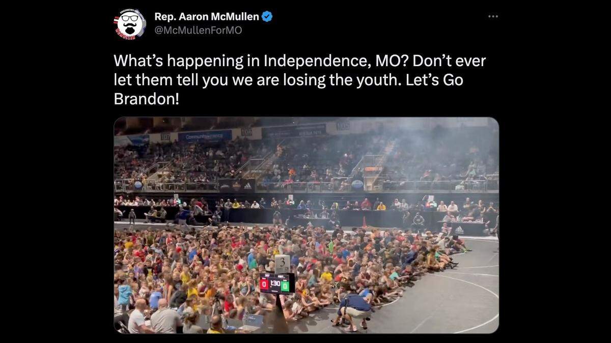 A screenshot of a video posted on social media by Missouri state Rep. Aaron McMullen shows, he said, a group of young kids repeatedly chanting “Let’s go Brandon” in unison at a youth wrestling tournament in Independence last week. 