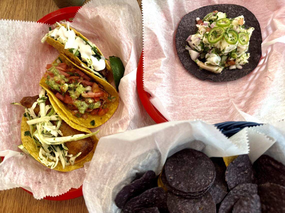 Pescado tacos (from left), halloumi tacos, sujuk crunchy tacos, and ceviche are on the menu at Beirut Taco.