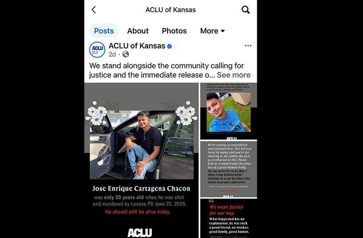 A post on the ACLU of Kansas Facebook calling for justice for Jose Enrique Cartagena Chacon, 25, who was fatally shot by Lenexa police on June 22, 2025, near the clubhouse at Lenexa Crossing Apartment Homes, in the 12400 block of W. 97th Terrace. 