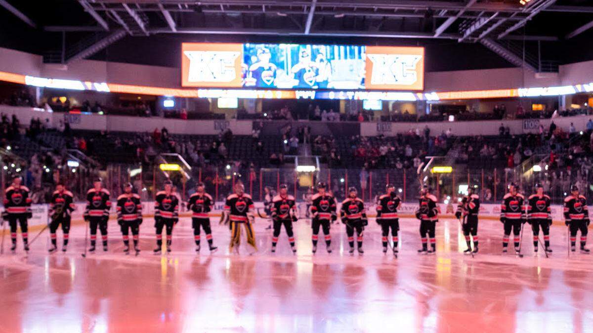 The Kansas City Mavericks’ players welcomed and honored front-line workers and first responders Saturday night at Cable Dahmer Arena in Independence.
