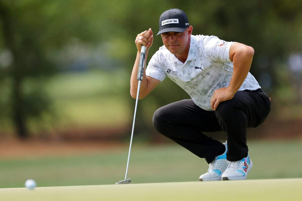 Former KU Jayhawks golfer Gary Woodland lines up a putt during the third round of the Texas Children's Houston Open at Memorial Park Golf Course in Houston on March 28, 2026.