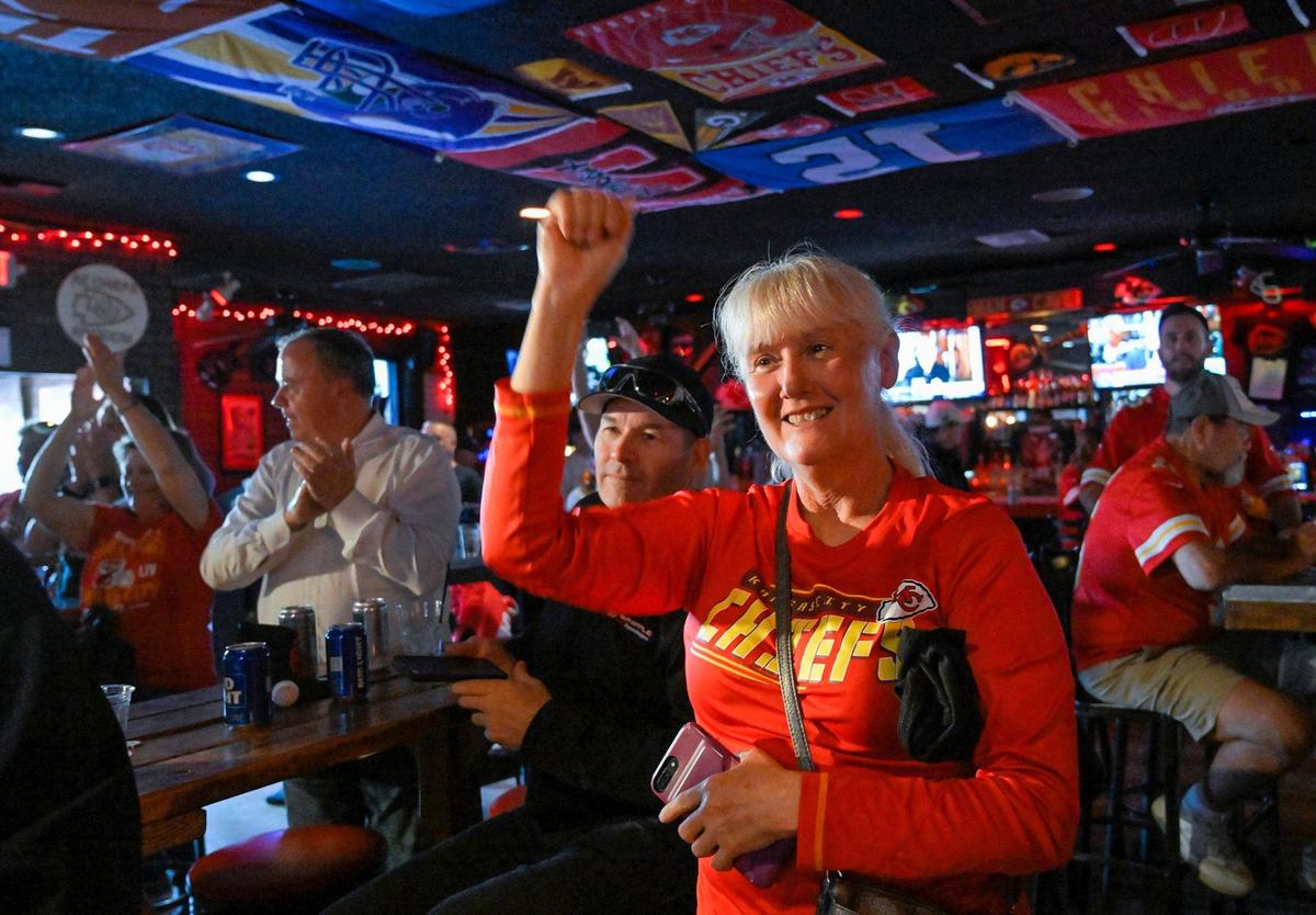 Teresa Randolph, a Kansas City Chiefs fan from Jennings, Kansas, gathered with fellow Chiefs fans Wednesday, Feb. 8, 2023 at Pub Rock Live, a Chiefs bar in Scottsdale, Arizona. Randolph will be watching the game on television.
