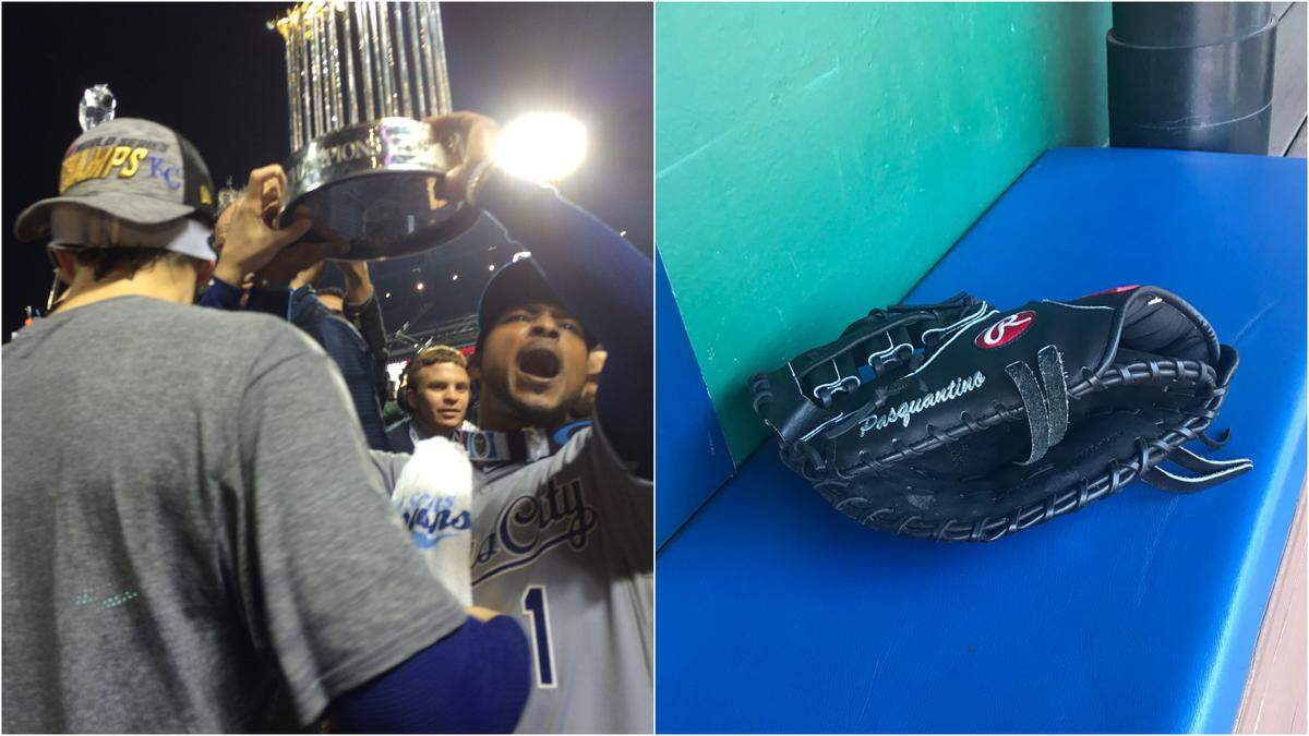 Memorable moments from around the Royals dugout have included a World Series celebration (left) and Vinnie Pasquantino’s missing glove (right).