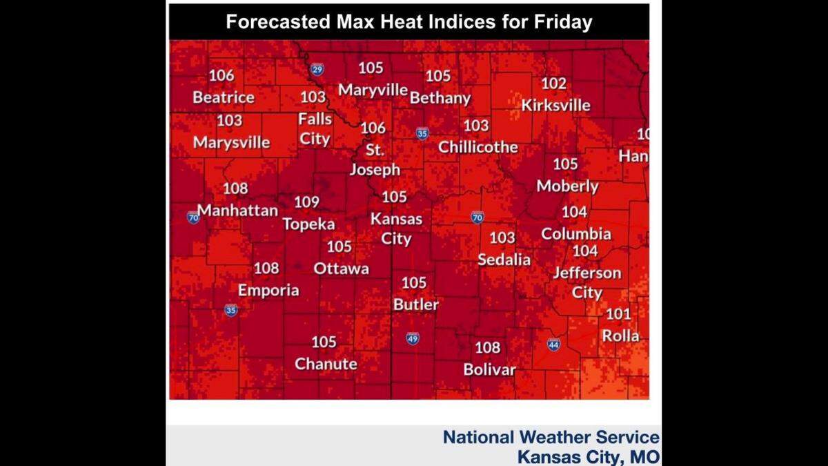 Sweltering heat, a hint of rain and a stormy weekend could all be in the cards for the Kansas City area this week, according to the National Weather Service. Friday will be the hottest day, with heat index values possibly reaching as high as 105 degrees.