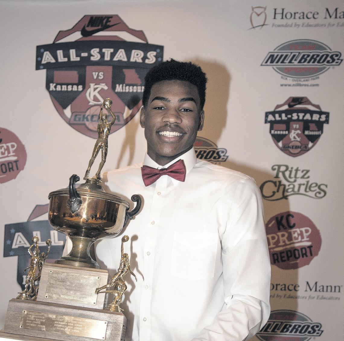 Ochai Agbaji of Oak Park won the DiRenna Award for best high school boy basketball player. The awards were presented Thursday at Ritz Charles in Overland Park.