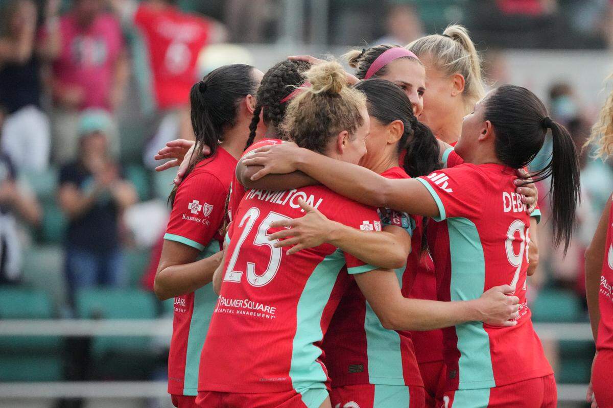 Kansas City Current players celebrate a goal in the first half against Pachuca at CPKC Stadium on July 27, 2024.